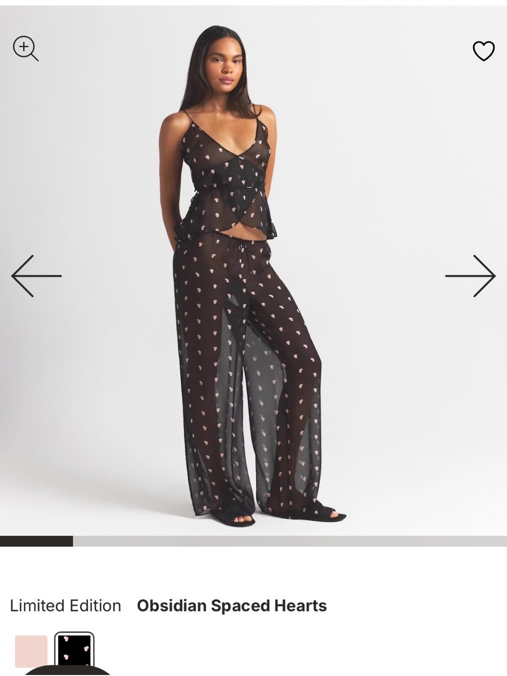 SKIMS Obsidian Spaced Hearts Sheer Pajama Set - Black with Pink Hearts